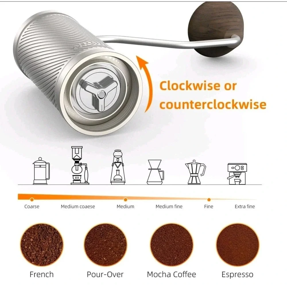 YUKAOFES Manual Coffee Grinder 48mm 7-Core Conical Burr Hand‎ Crank Mill Silver